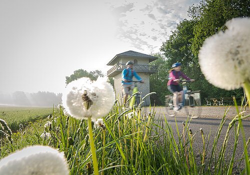 Radfahrer am Limes-Radweg beim Limesturm Erkertshofen