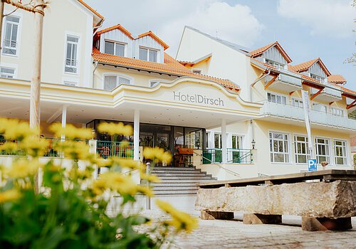 Eingangsbereich des Hotels Dirsch mit Stufen und gelben Blumen im Vordergrund bei Tageslicht.