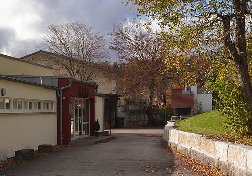 Außenansicht eines Gebäudes mit Bäumen und Gehweg im Herbst bei bewölktem Himmel.